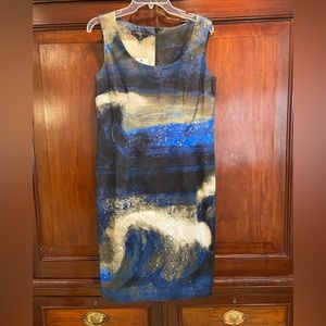 Lafayette 148 sleeveless dress. Size 8, NWT. Great blue/black/tan stretch cotton